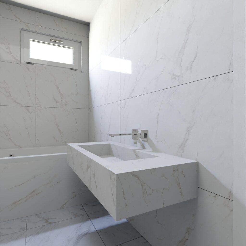 Elegant bathroom with marble finishings and modern design features.