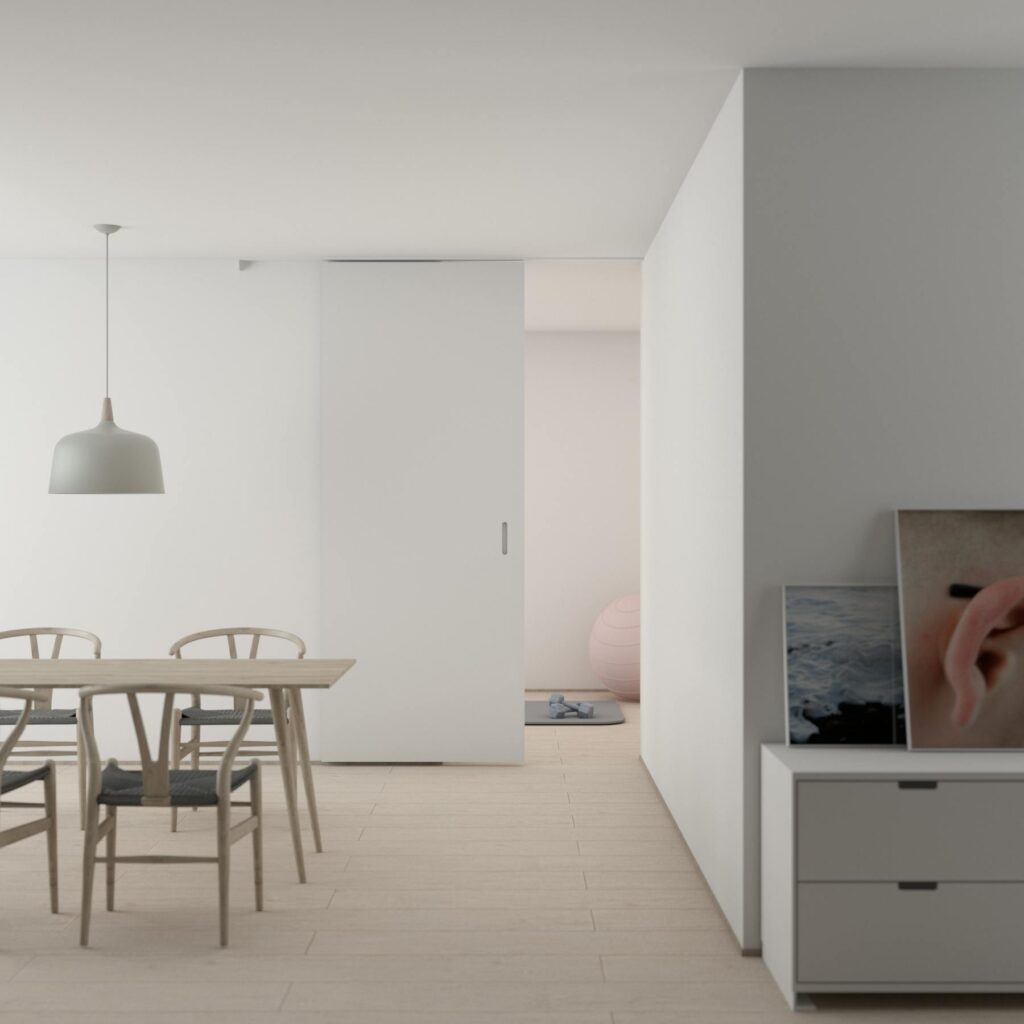 Modern minimalist dining room featuring wooden furniture, soft lighting, and contemporary art.