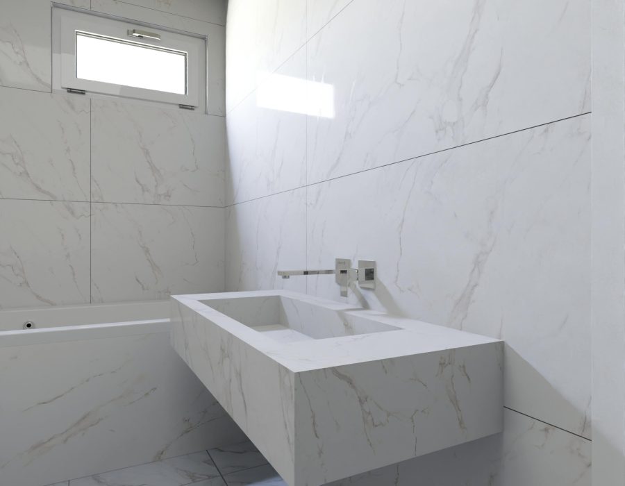 Elegant bathroom with marble finishings and modern design features.